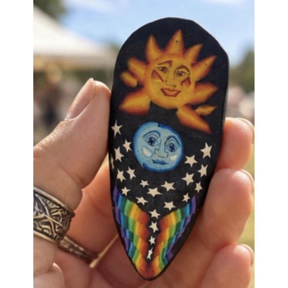 Celestial Sun Moon Stars Rainbow Brooch Folk Boho Hippie Wearable Art Pin VTG